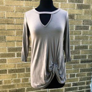 Taupe Knotted Front 3/4 Sleeve Tunic with Keyhole Detail